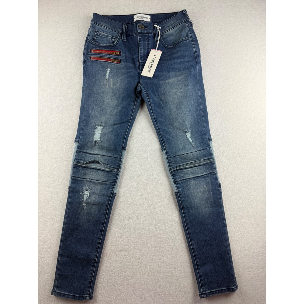 Etienne Marcel Womens Skinny Moto Jeans Distressed Blue EM2006 Size 27
